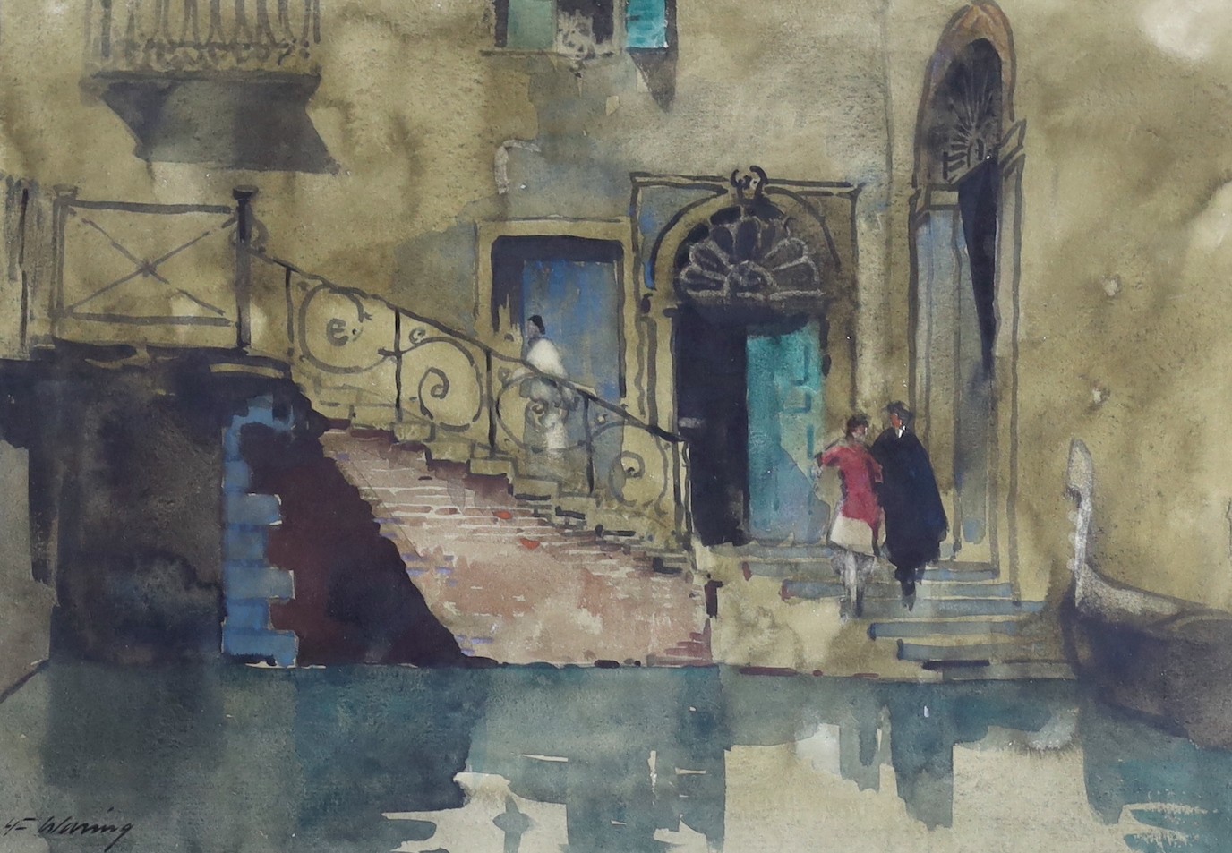 Henry Franks Waring (fl.1900-1928), watercolour, View of figures on a step in Venice, signed, gallery label to reverse, 24 x 34cm